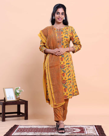 Women's Floral Printed Straight Kurta with Striped Pant and Dupatta - Yellow