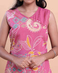 Women's Floral Printed V-Neck Sleeveless A-Line Kurta - Pink