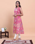 Women's Floral Printed V-Neck Sleeveless A-Line Kurta - Pink