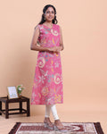 Women's Floral Printed V-Neck Sleeveless A-Line Kurta - Pink