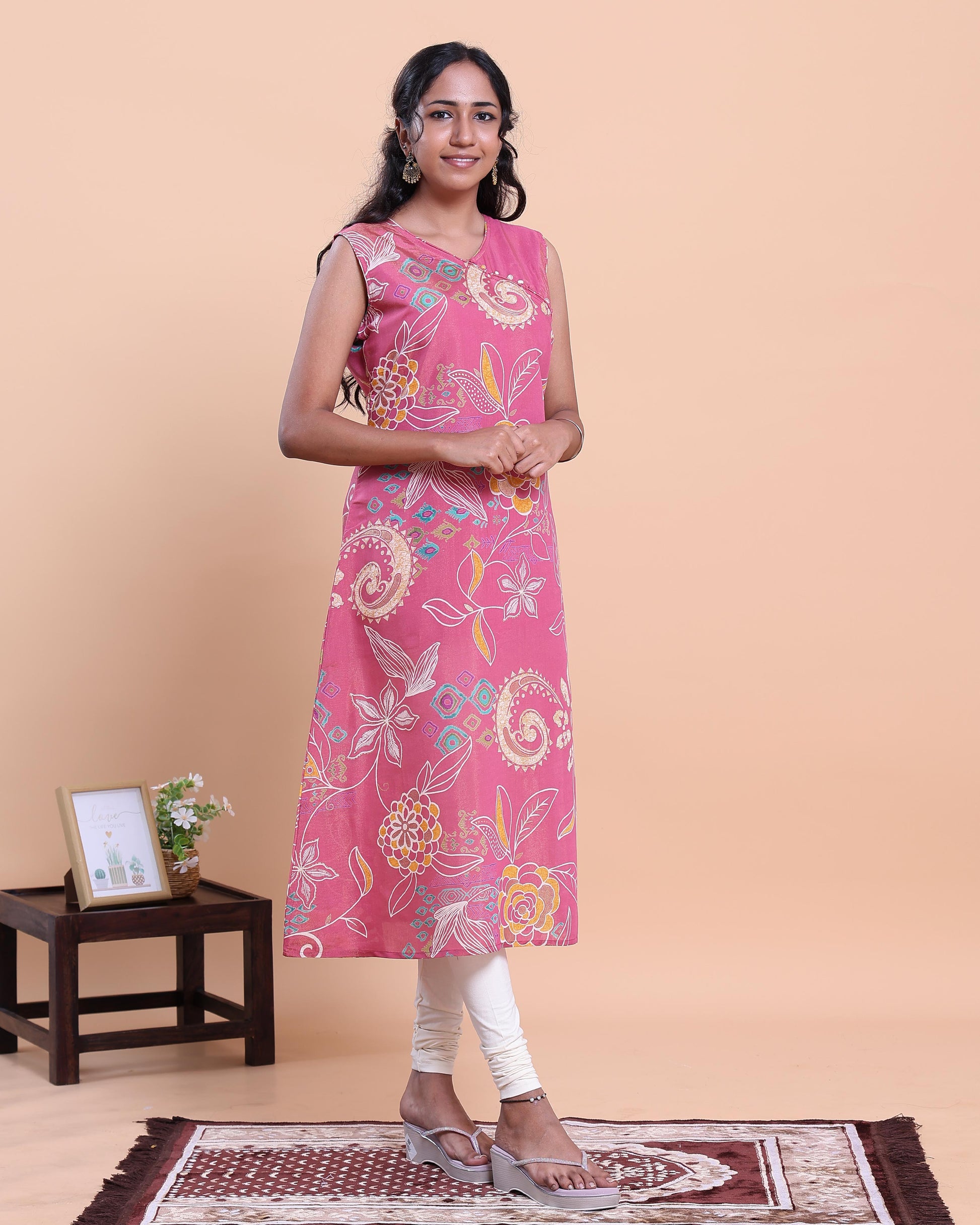 Women's Floral Printed V-Neck Sleeveless A-Line Kurta - Pink