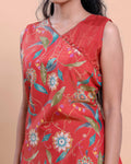 Women's Floral Printed V-Neck Sleeveless A-Line Kurta - Red-back