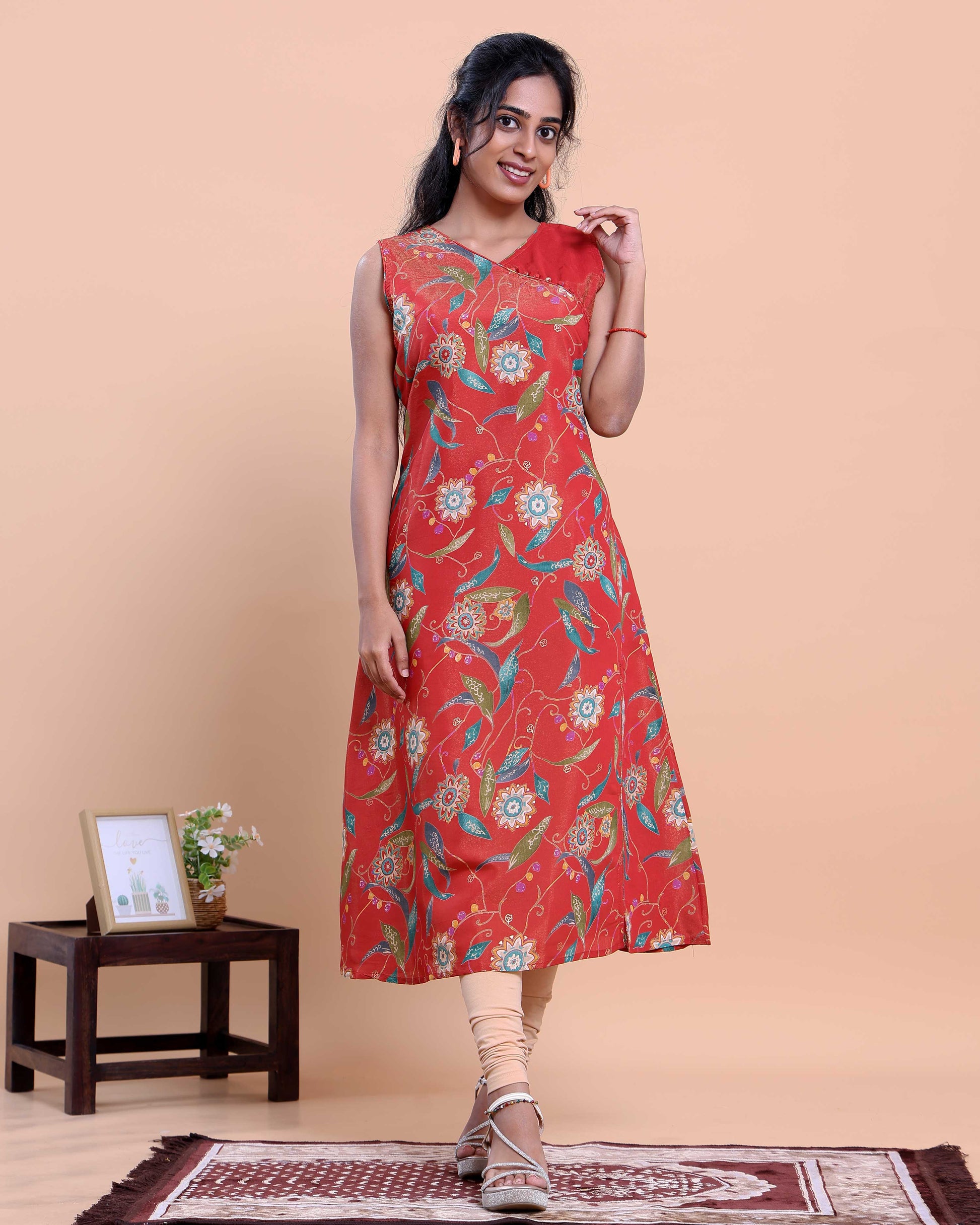 Women's Floral Printed V-Neck Sleeveless A-Line Kurta - Red-back