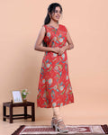 Women's Floral Printed V-Neck Sleeveless A-Line Kurta - Red-back