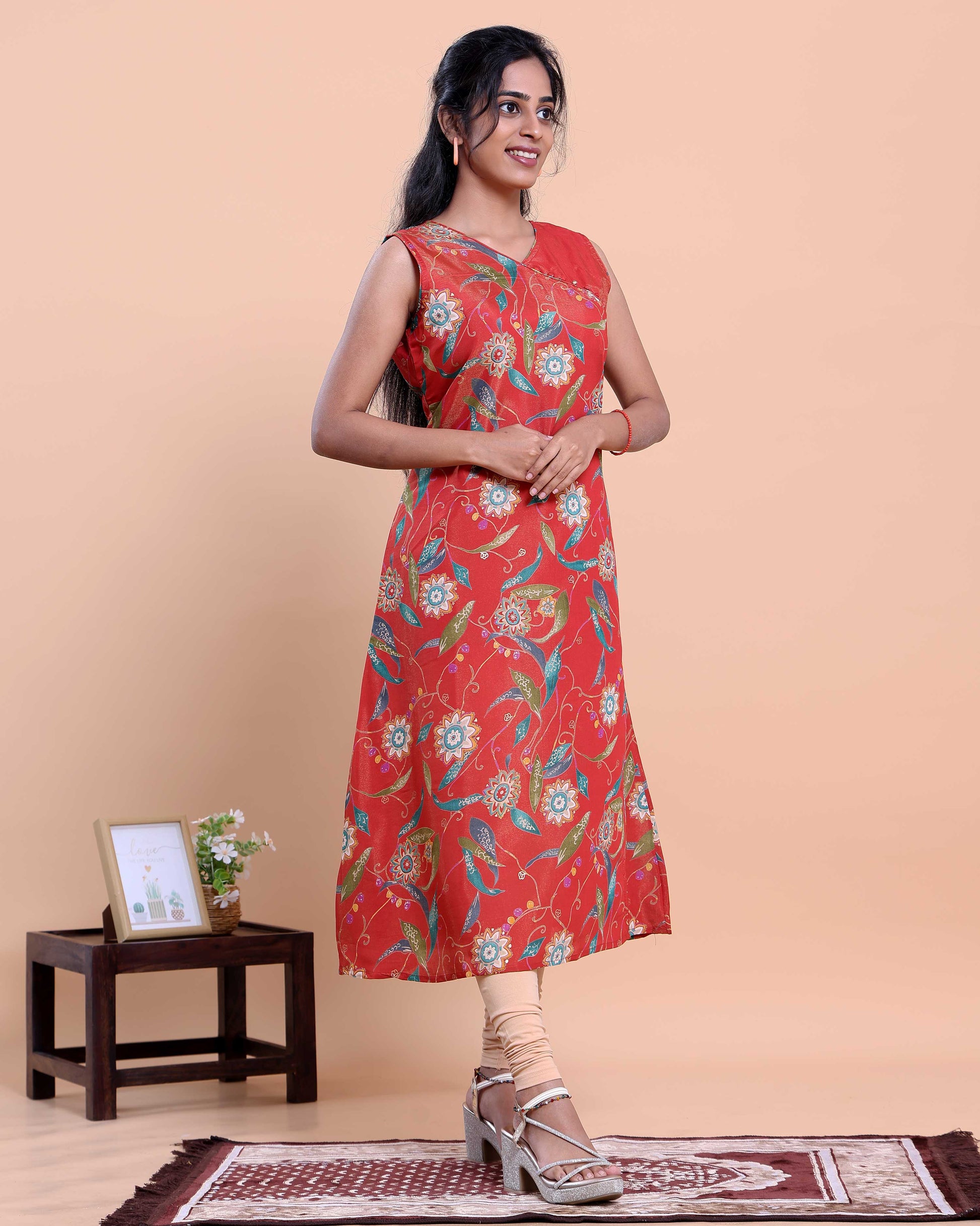 Women's Floral Printed V-Neck Sleeveless A-Line Kurta - Red-back