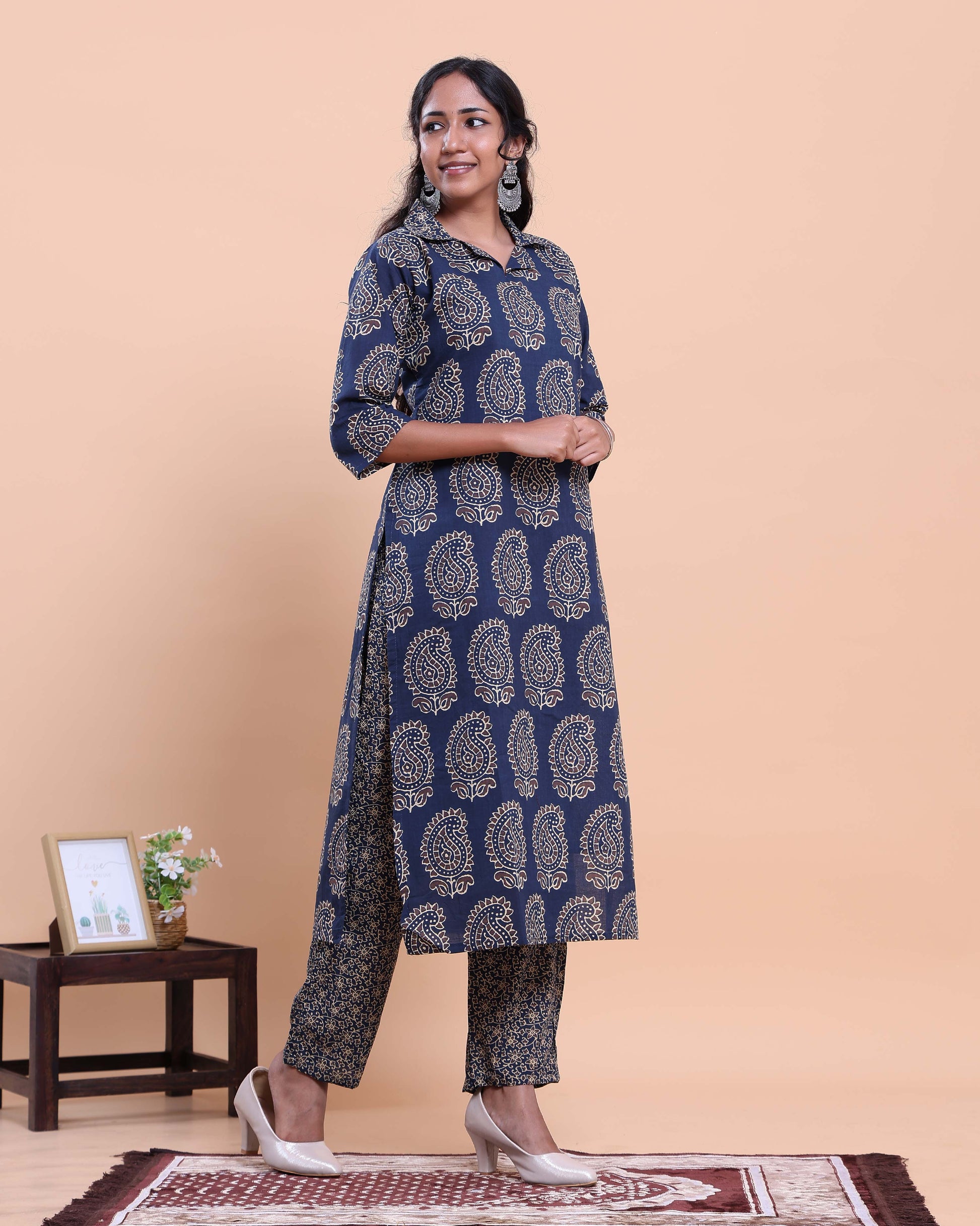 Women's Handblock Printed Kurta with Palazzo Set- Navy Blue