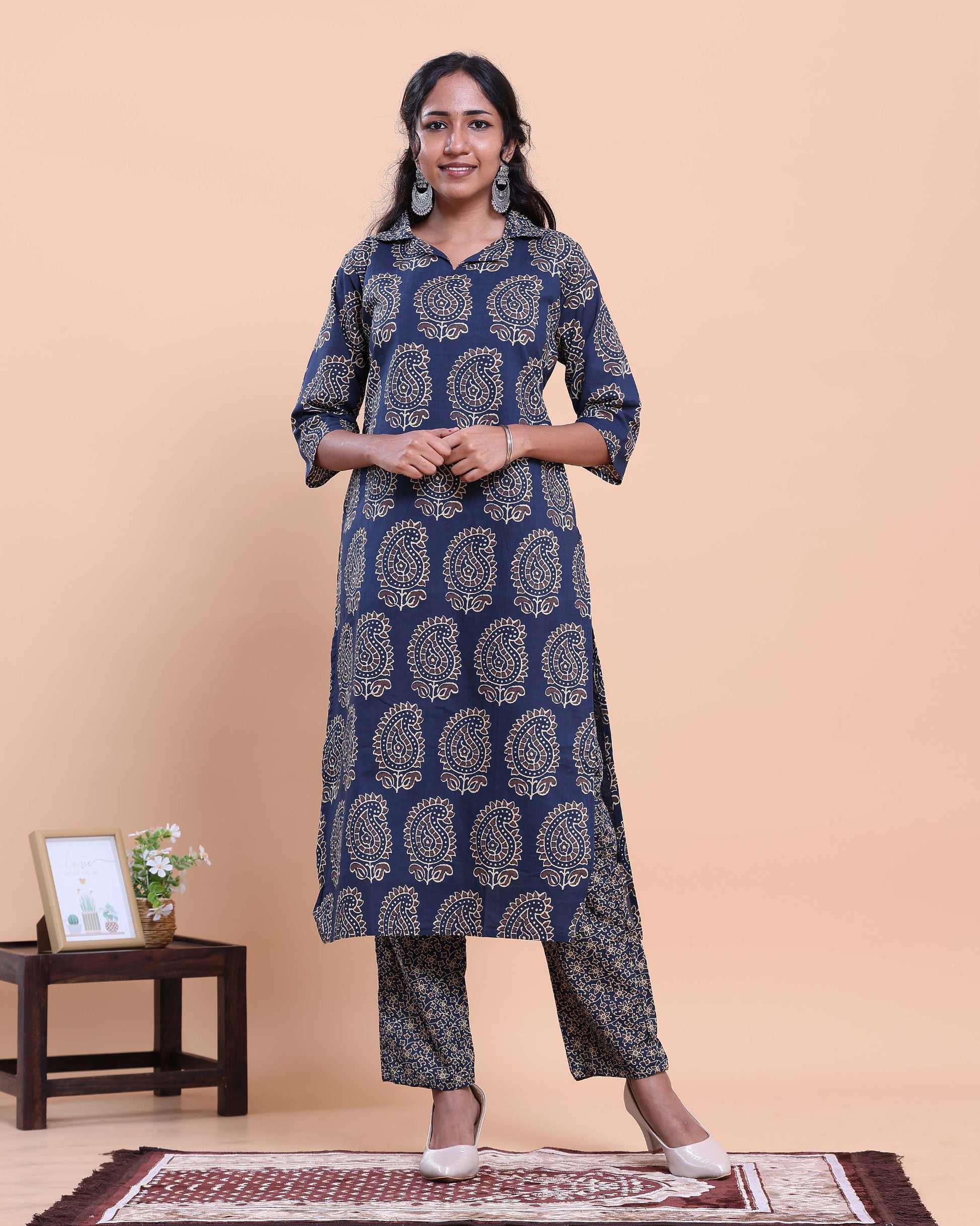 Women's Handblock Printed Kurta with Palazzo Set- Navy Blue