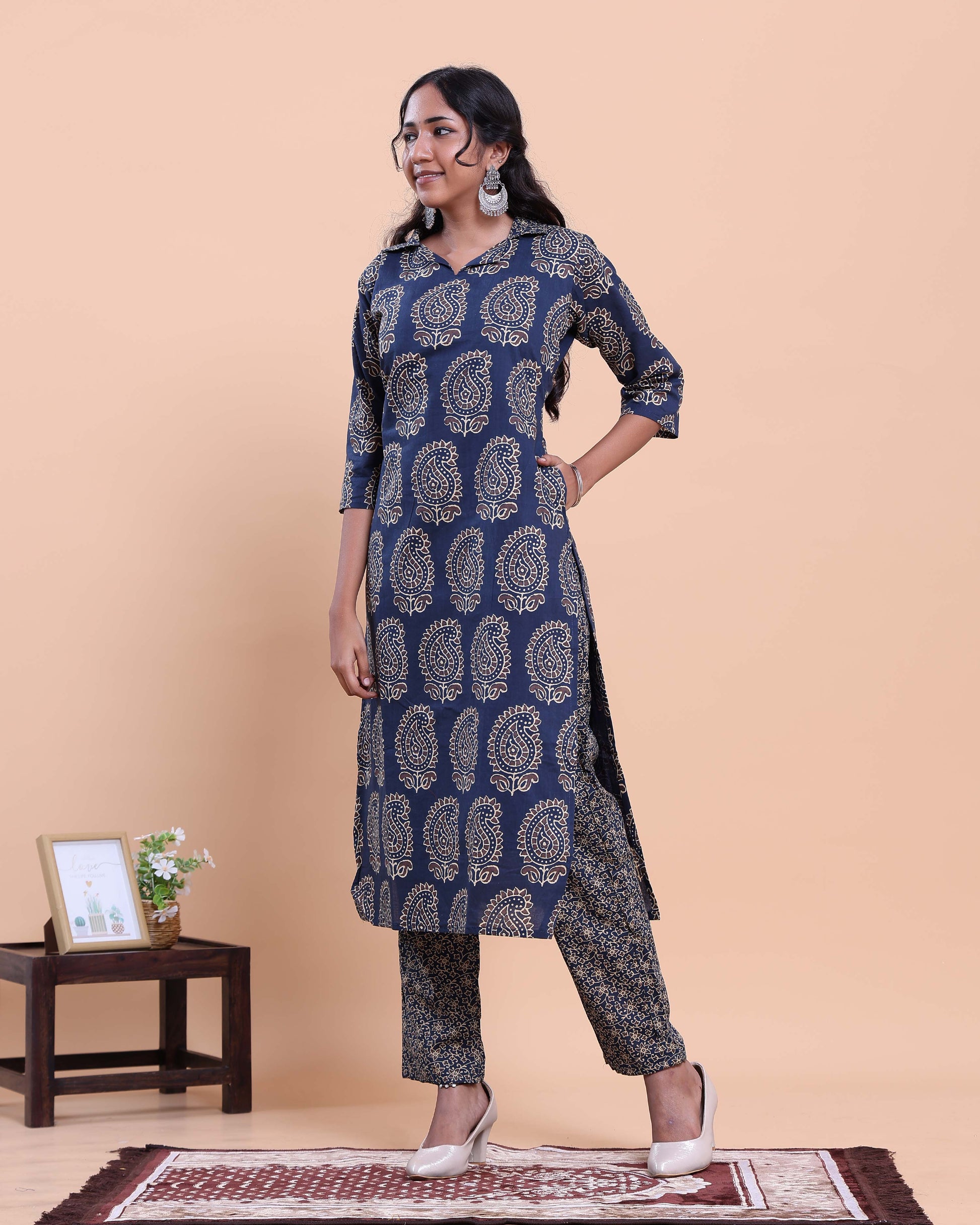 Women's Handblock Printed Kurta with Palazzo Set- Navy Blue