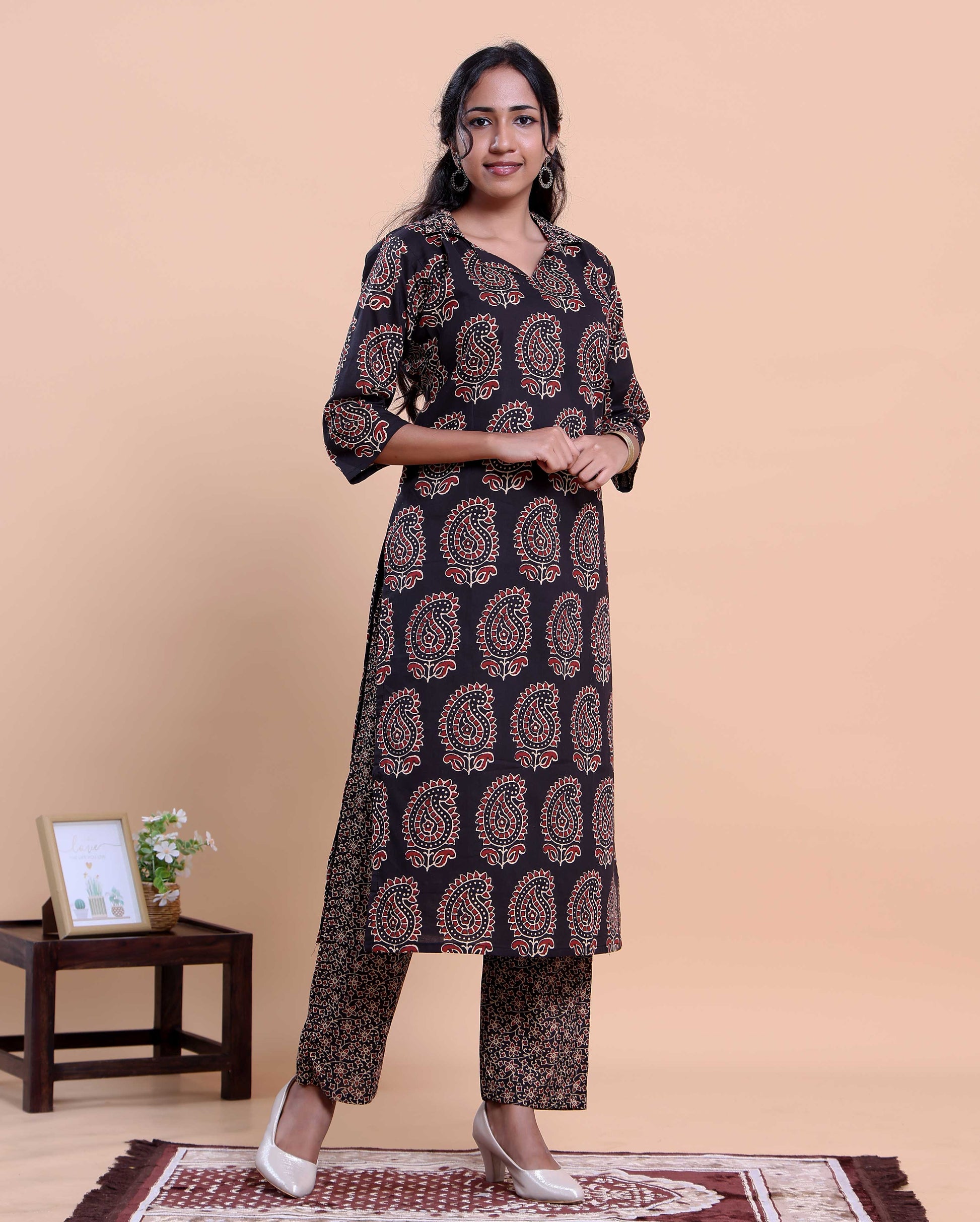 Women's Handblock Printed Kurta with Palazzo Set - Black