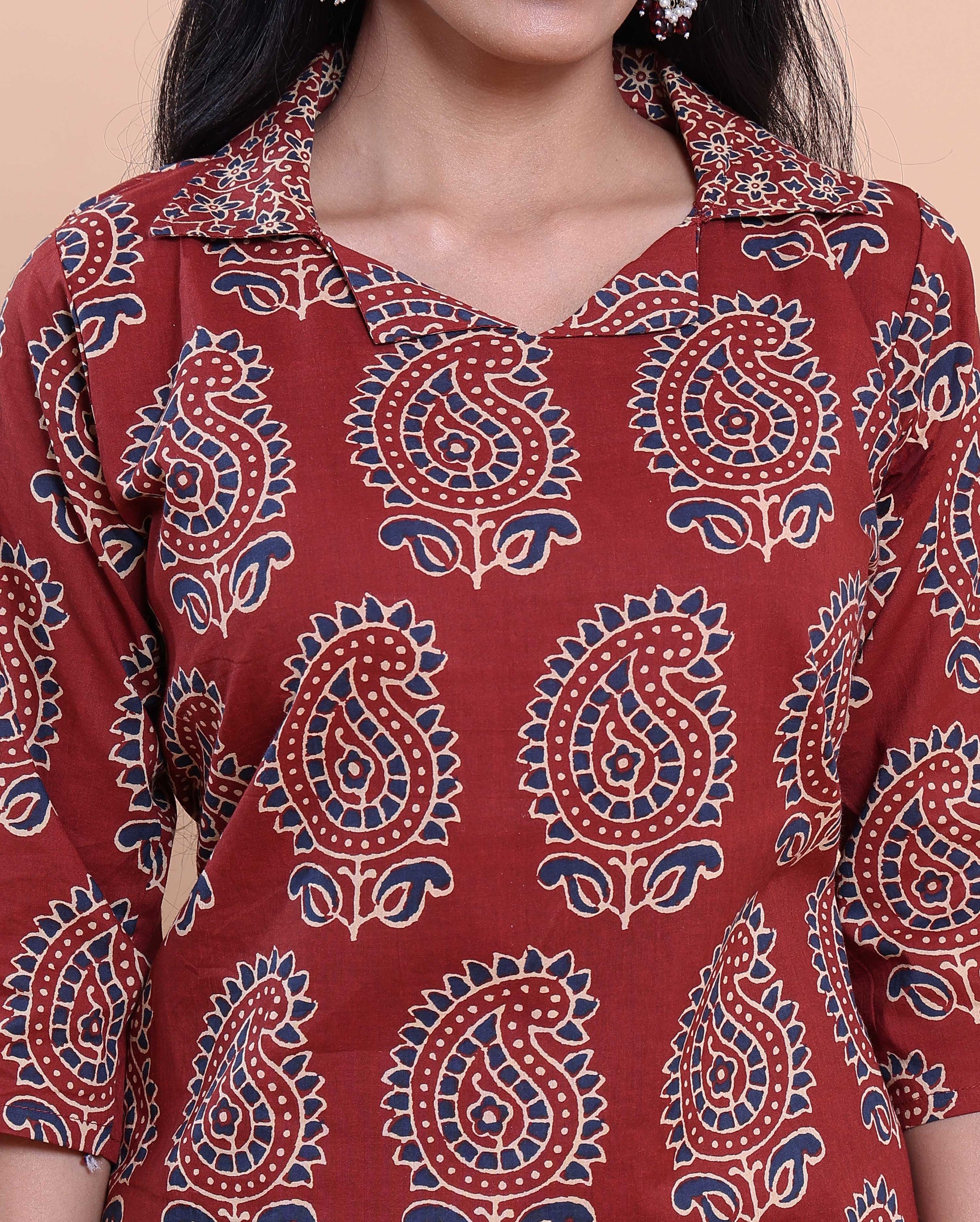 Women's Handblock Printed Kurta with Palazzo Set - Red