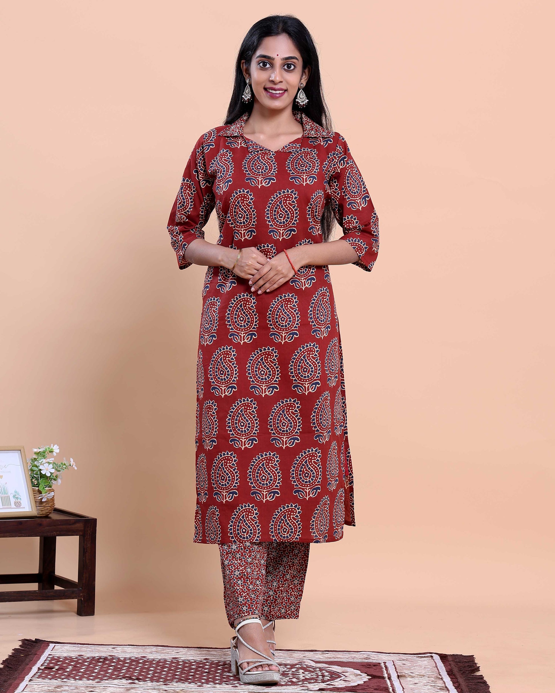 Women's Handblock Printed Kurta with Palazzo Set - Red