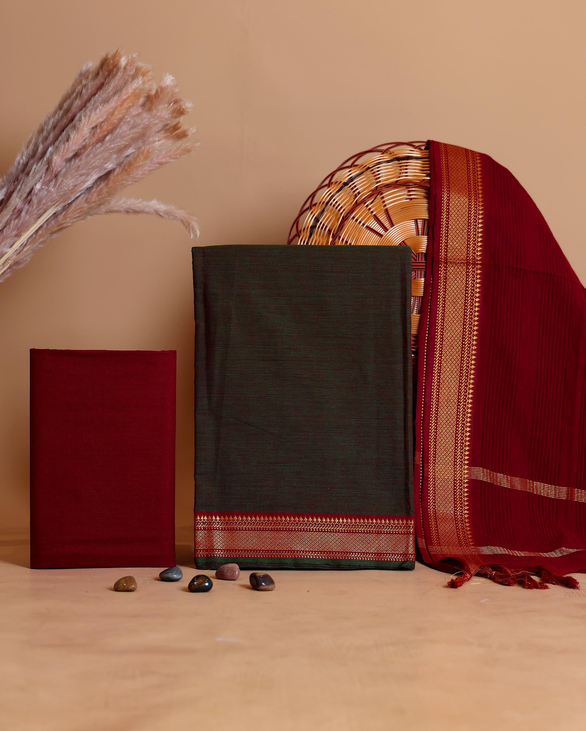 Women's Handloom Cotton Unstitched Salwar Suit Material with Traditional Zari Woven Dupatta - Dark Green