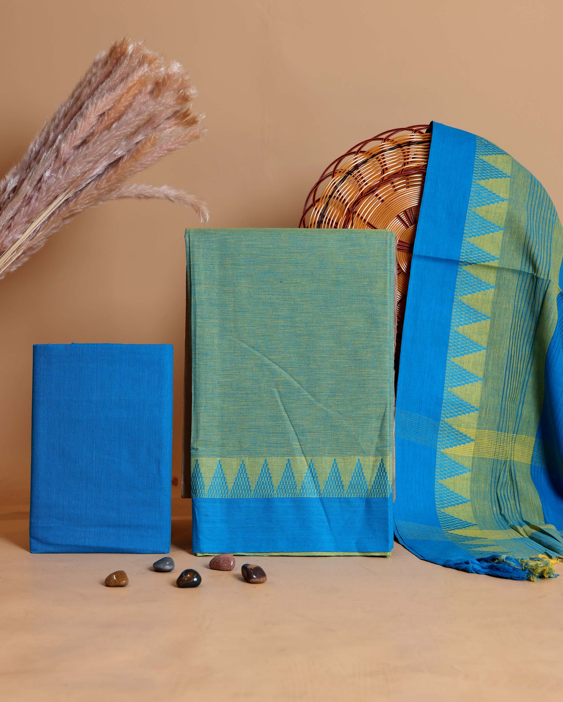 Women's Handloom Cotton Unstitched Salwar Suit Material with Woven Border and Matching Patterned Dupatta - Green