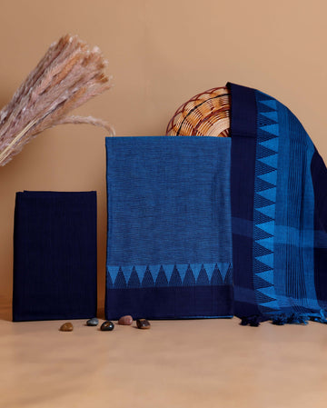 Women's Handloom Cotton Unstitched Salwar Suit Material with Woven Border and Patterned Dupatta - Blue