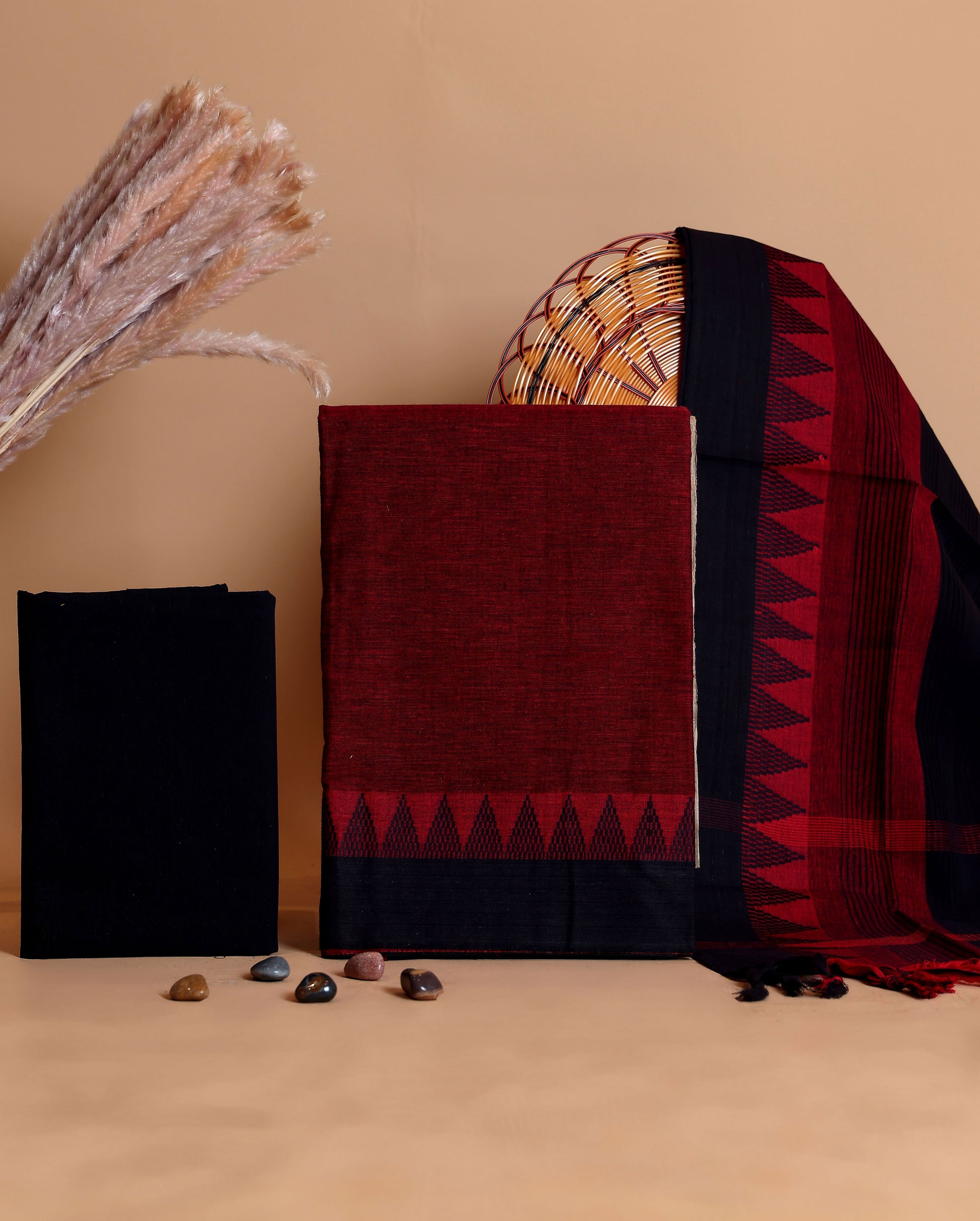 Women's Handloom Cotton Unstitched Salwar Suit Set with Contrast Bottom and Woven Pattern Dupatta - Maroon