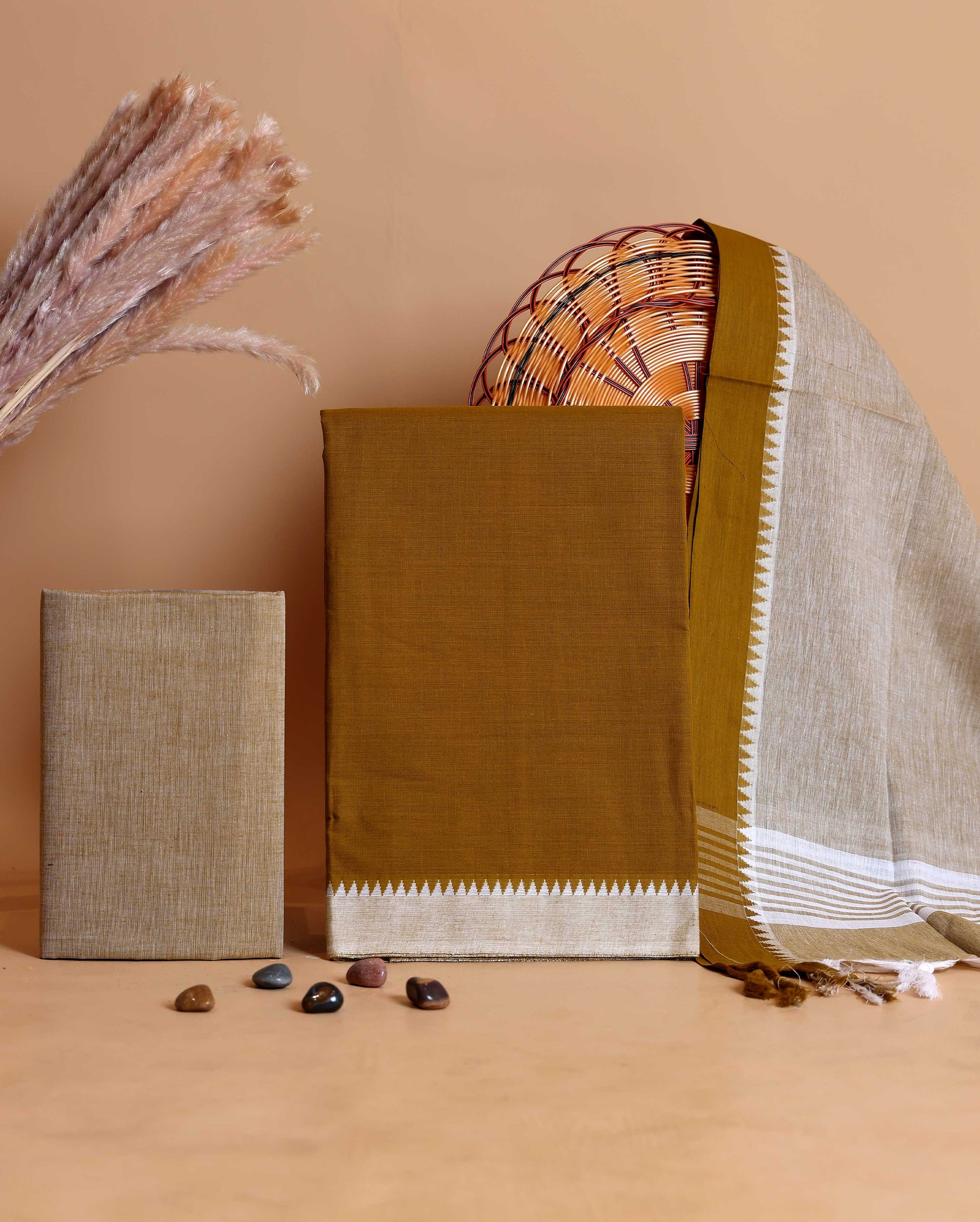 Women's Handloom Cotton Unstitched Salwar Suit Set with Woven Border & Matching Dupatta - Olive Green