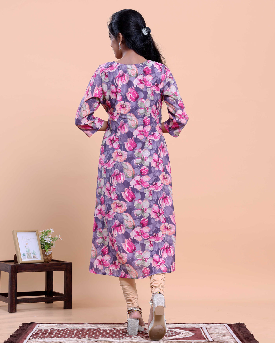 Women's Printed A-line Kurta with Round Neck and 3/4 th Sleeves - Lavender