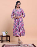 Women's Printed A-line Kurta with Round Neck and 3/4 th Sleeves - Lavender