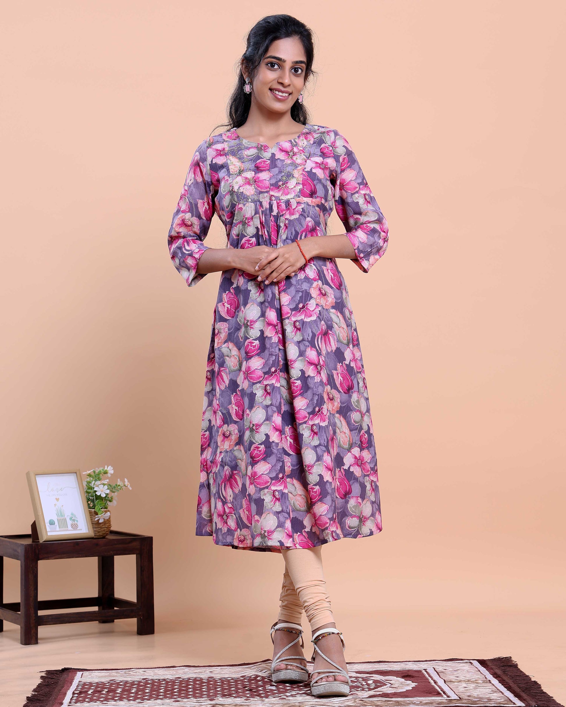 Women's Printed A-line Kurta with Round Neck and 3/4 th Sleeves - Lavender