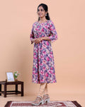 Women's Printed A-line Kurta with Round Neck and 3/4 th Sleeves - Lavender