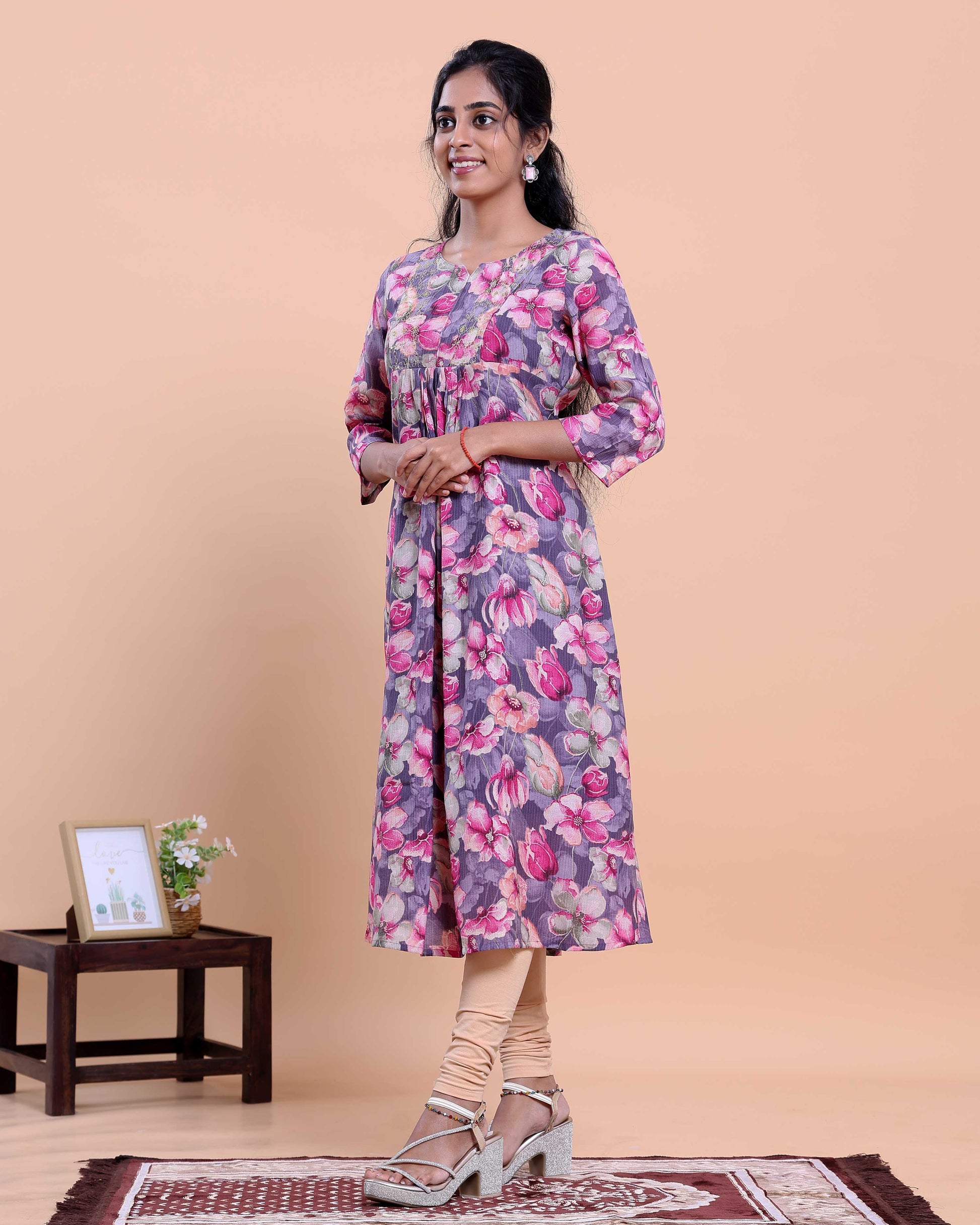 Women's Printed A-line Kurta with Round Neck and 3/4 th Sleeves - Lavender
