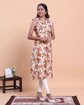 Women's Sleeveless Collared Floral Printed Straight Kurta - Off White