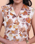 Women's Sleeveless Collared Floral Printed Straight Kurta - Off White