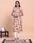 Women's Sleeveless Collared Floral Printed Straight Kurta - Off White