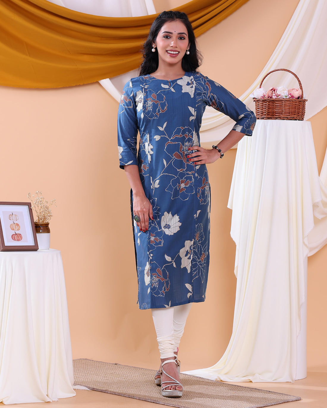 Women's Stylish Floral Printed Straight Kurta with 3/4th  Sleeves - Blue
