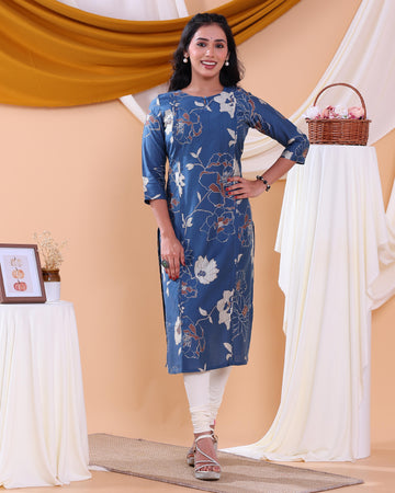 Women's Stylish Floral Printed Straight Kurta with 3/4th Sleeves - Blue