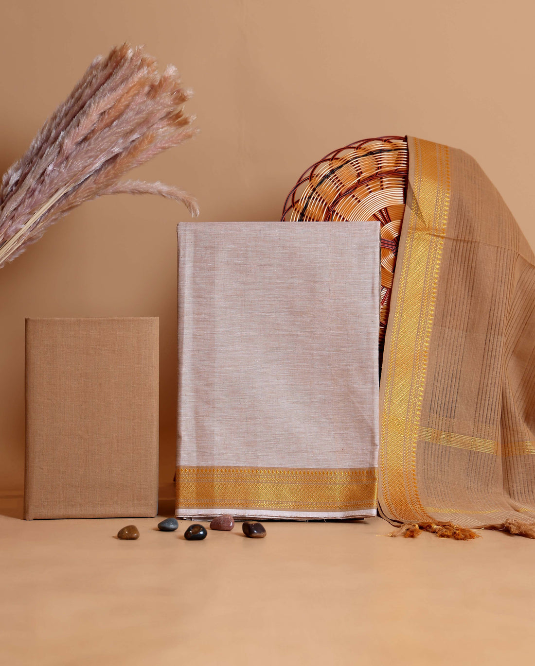 Women's Unstitched Cotton Salwar Suit Material with Elegant Zari Border and Matching Dupatta - Brown