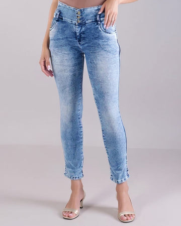 Women's High-Waisted Multi-Button Skinny Jeans - Blue