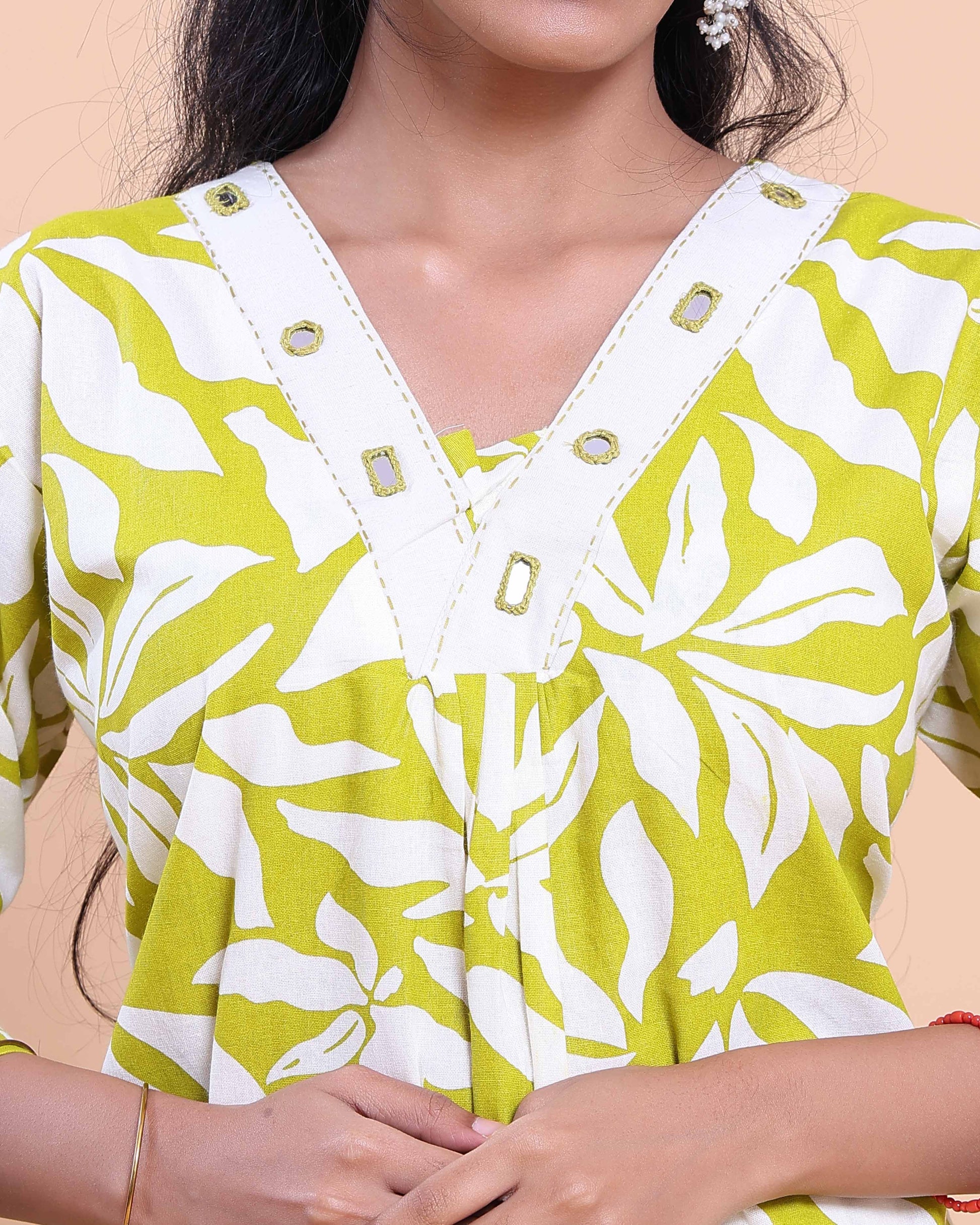 Womens Printed A-Line Kurta and Palazzo Set with V-Neck and 3/4 Sleeves - Green