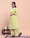 Womens Printed A-Line Kurta and Palazzo Set with V-Neck and 3/4 Sleeves - Green