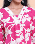 Womens Printed A-Line Kurta and Palazzo Set with V-Neck and 3/4 Sleeves - Pink