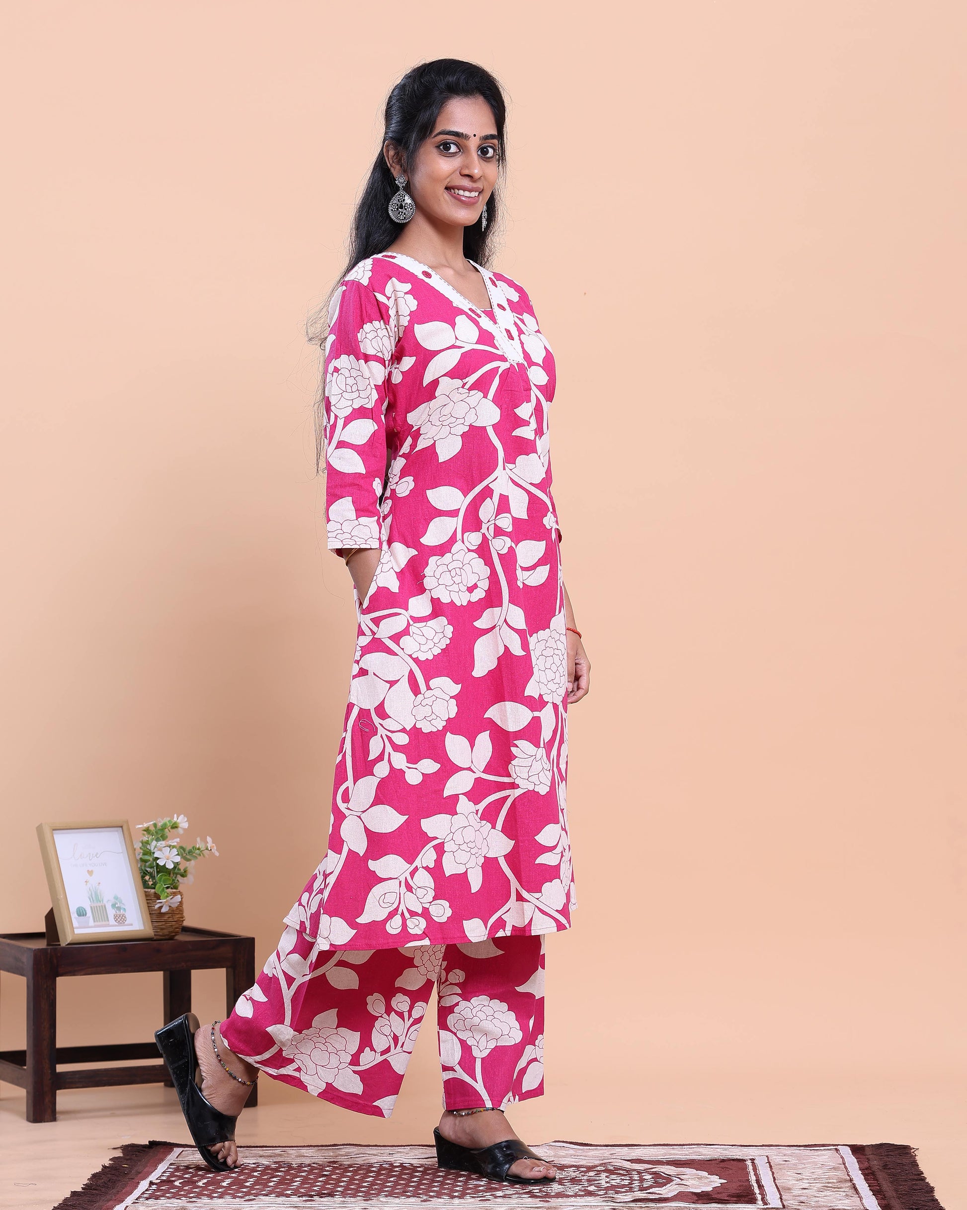 Womens Printed A-Line Kurta and Palazzo Set with V-Neck and 3/4 Sleeves - Pink