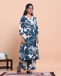Womens Printed A-Line Kurta and Palazzo Set with V-Neck and 3/4 Sleeves - Teal