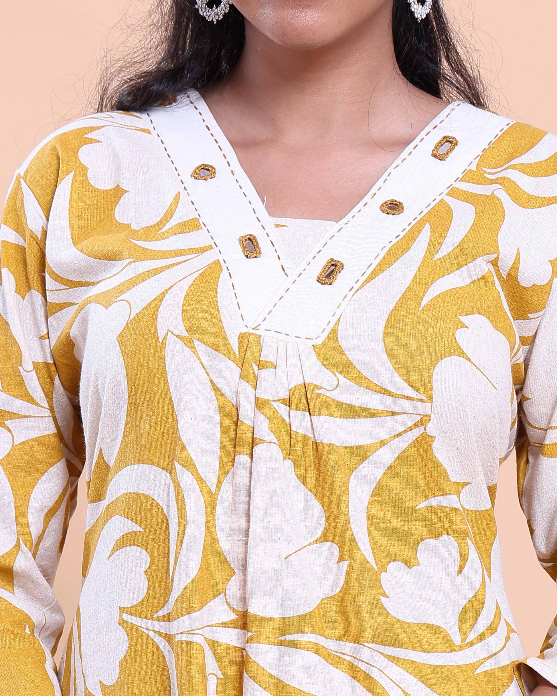 Womens Printed A-Line Kurta and Palazzo Set with V-Neck and 3/4 Sleeves - Yellow
