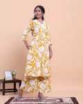 Womens Printed A-Line Kurta and Palazzo Set with V-Neck and 3/4 Sleeves - Yellow