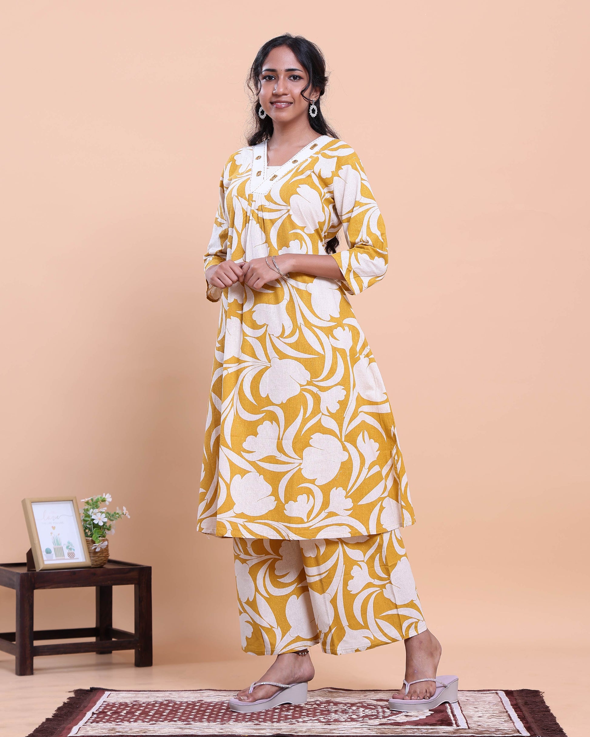 Womens Printed A-Line Kurta and Palazzo Set with V-Neck and 3/4 Sleeves - Yellow