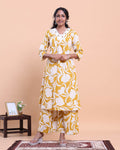 Womens Printed A-Line Kurta and Palazzo Set with V-Neck and 3/4 Sleeves - Yellow