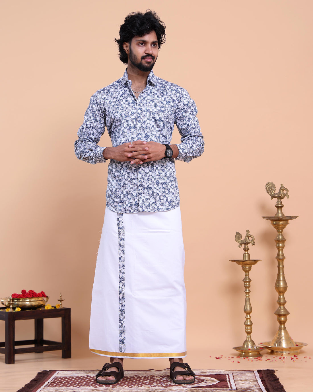 elegant-mens-ethnic-half-sleeve-shirt-dhoti-set-with-traditional-border-blue-One