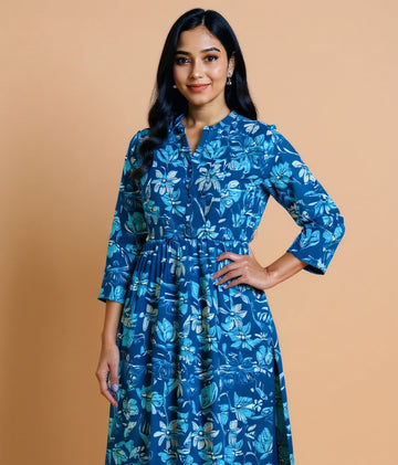 Women's Handblock Printed Cotton Ethnic Tunic with Floral Pattern and Mandarin Collar - Teal