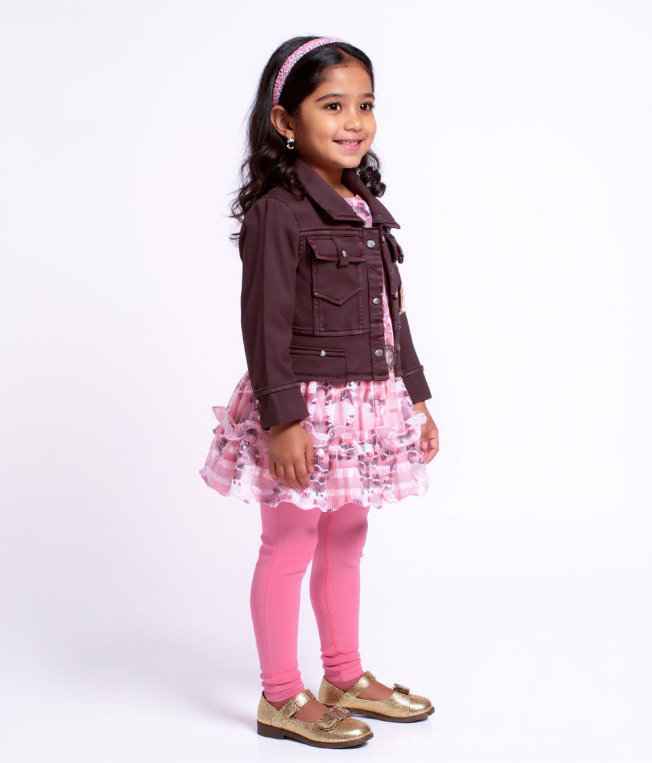 Girls' Floral Print A-Line Western Dress with Denim Jacket  - Multi