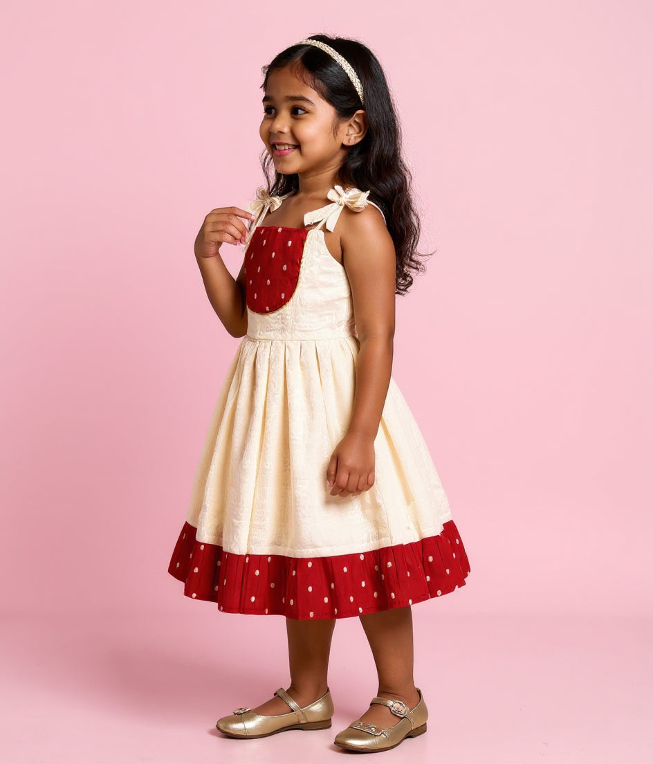 Girl's Sleeveless Empire Waist Frock with Pintuck Pleats and Tie-Up Shoulders - Cream