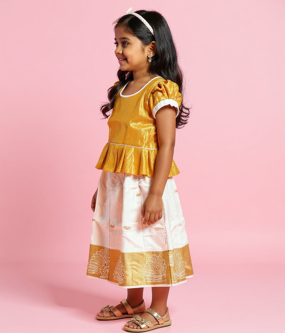 Kids' Traditional Readymade Pattu Pavadai Set with Puff Sleeves and Zari Border - Yellow and White