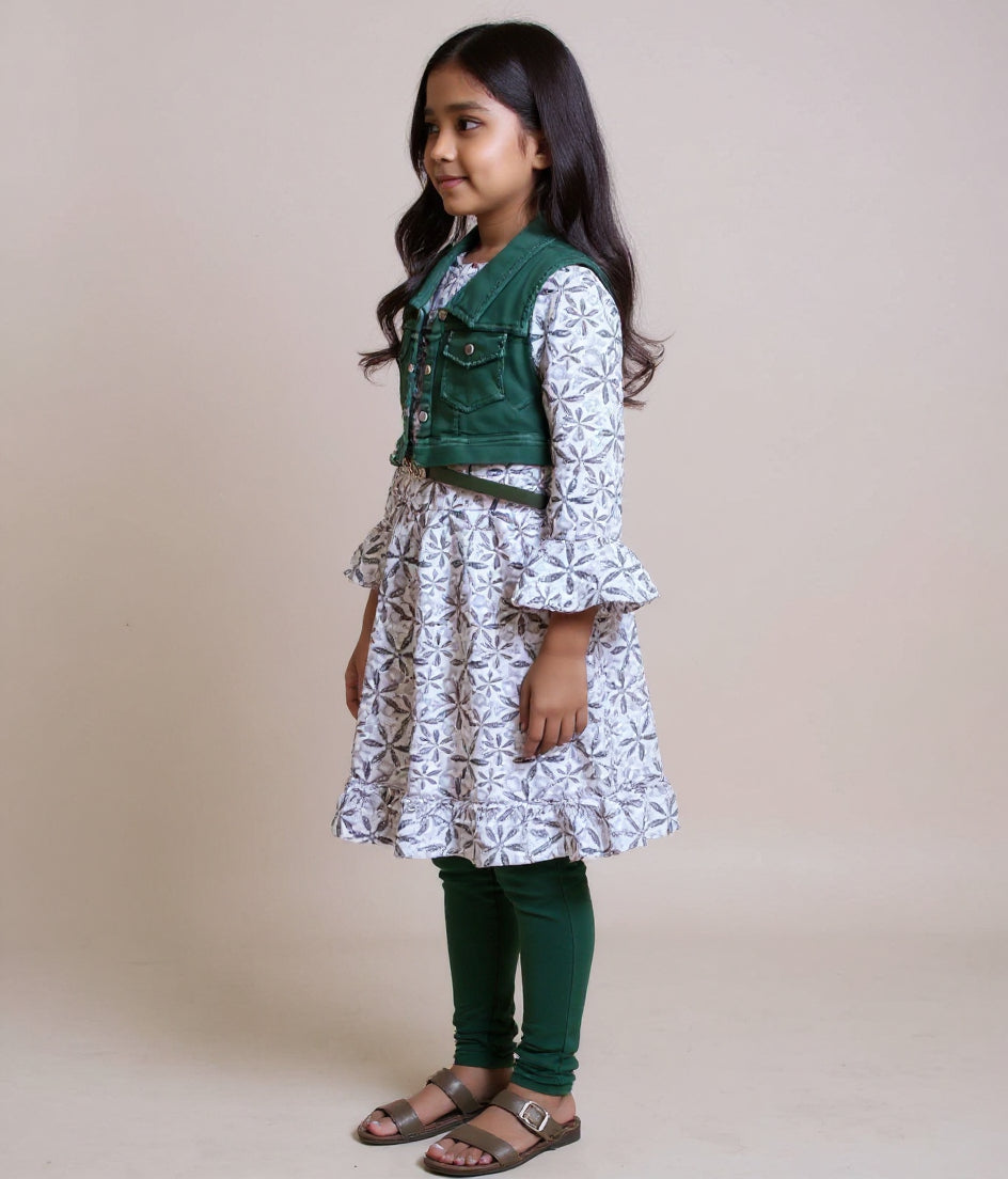 Kids' Printed Dress with Denim Vest & Leggings Set - Pale Green