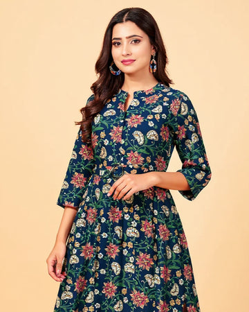 Women's Handblock Printed Cotton Ethnic Tunic with Floral Pattern and Mandarin Collar - Navy Blue