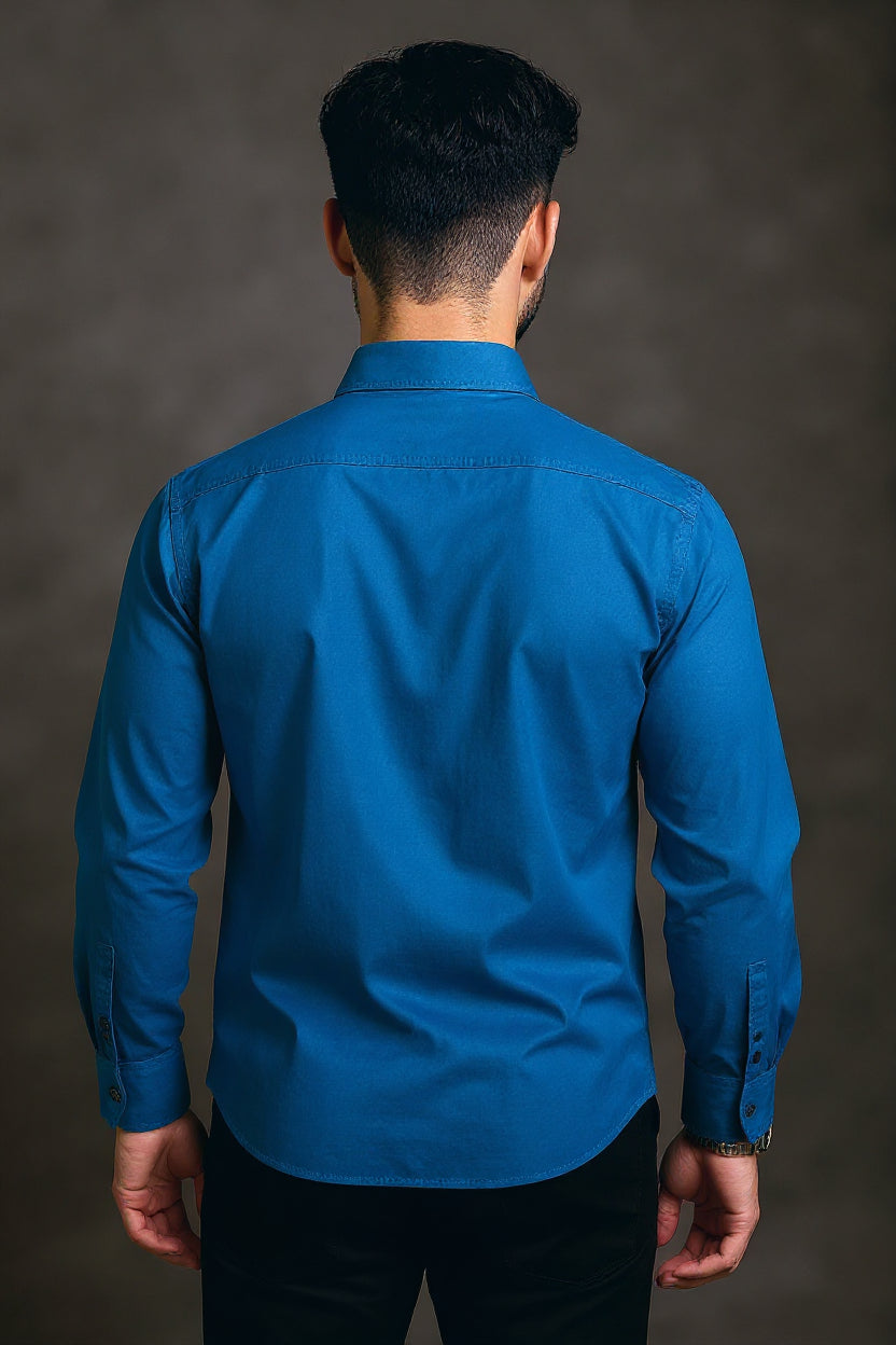 Men's Solid Slim Fit Formal Shirt with Spread Collar and Full Sleeves - Teal