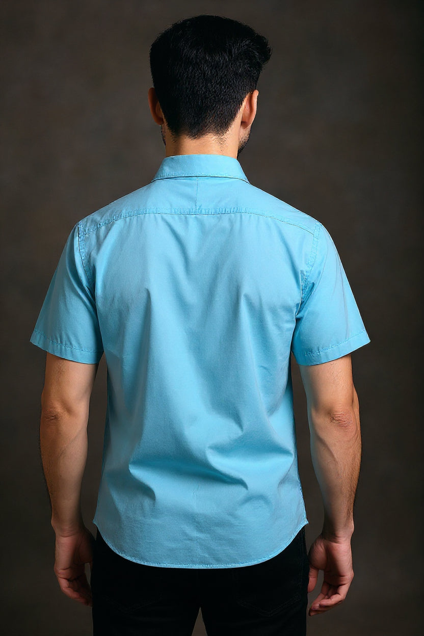 Men's Solid Slim Fit Formal Shirt with Spread Collar and Half Sleeves - Sky Blue